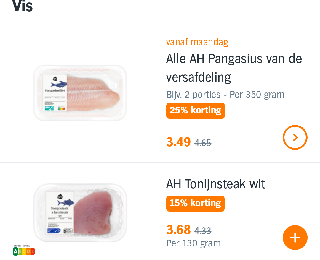 AH Pangasius 25% off and Tonijnsteak wit 15% off