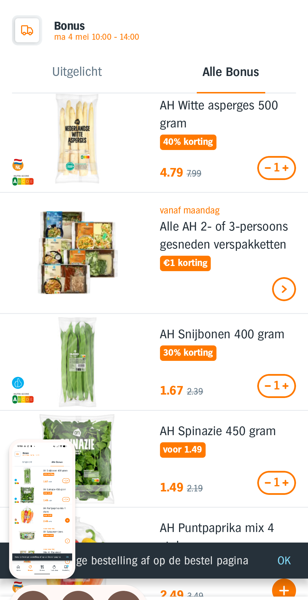 AH Witte asperges 40% off, snijbonen 30% off, spinazie voor 1.49