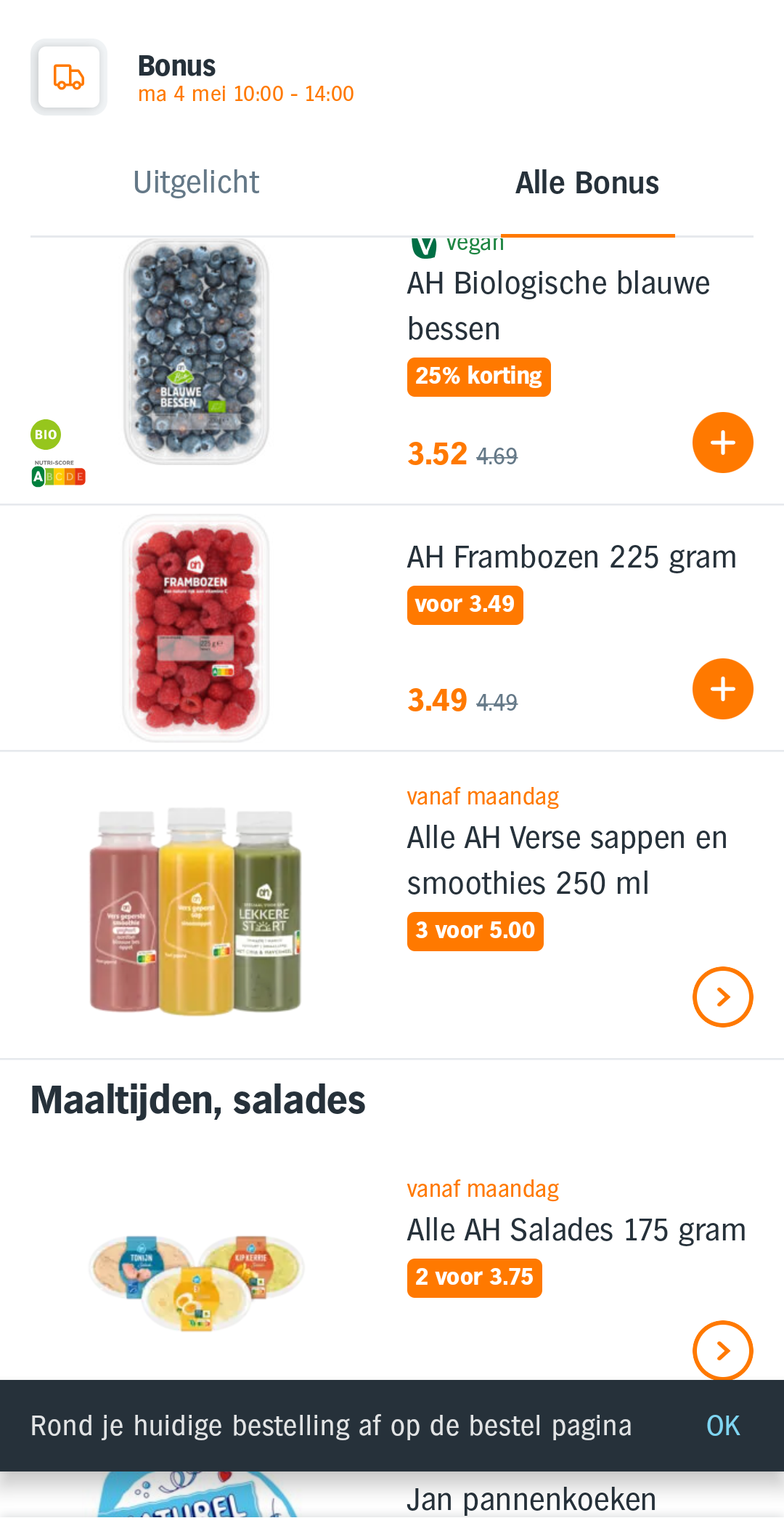 AH Biologische blauwe bessen 25% off and AH Frambozen 225g voor 3.49